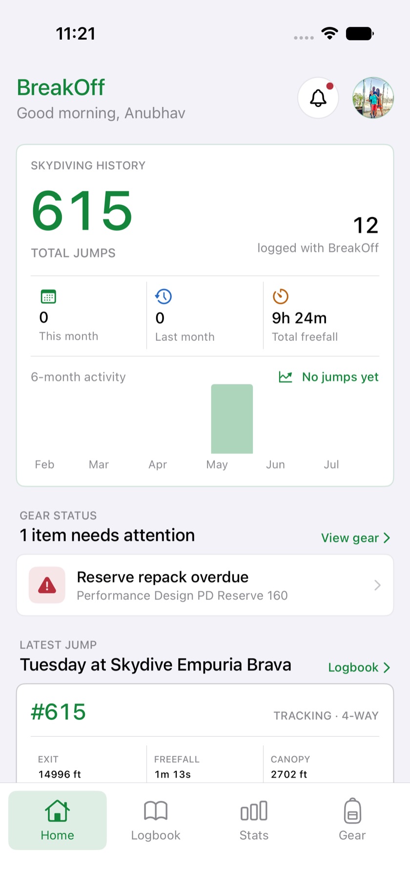 BreakOff Home screen showing 615 total jumps, 9 hours 24 minutes total freefall, a six-month activity chart, a reserve repack warning and the latest jump.