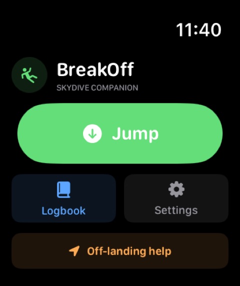 BreakOff Apple Watch home screen with a large Jump button.