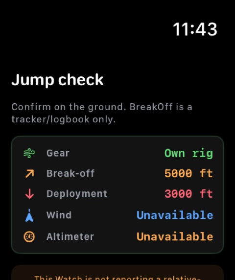 BreakOff Jump check screen listing rig, break-off altitude, deployment altitude, wind and altimeter status.